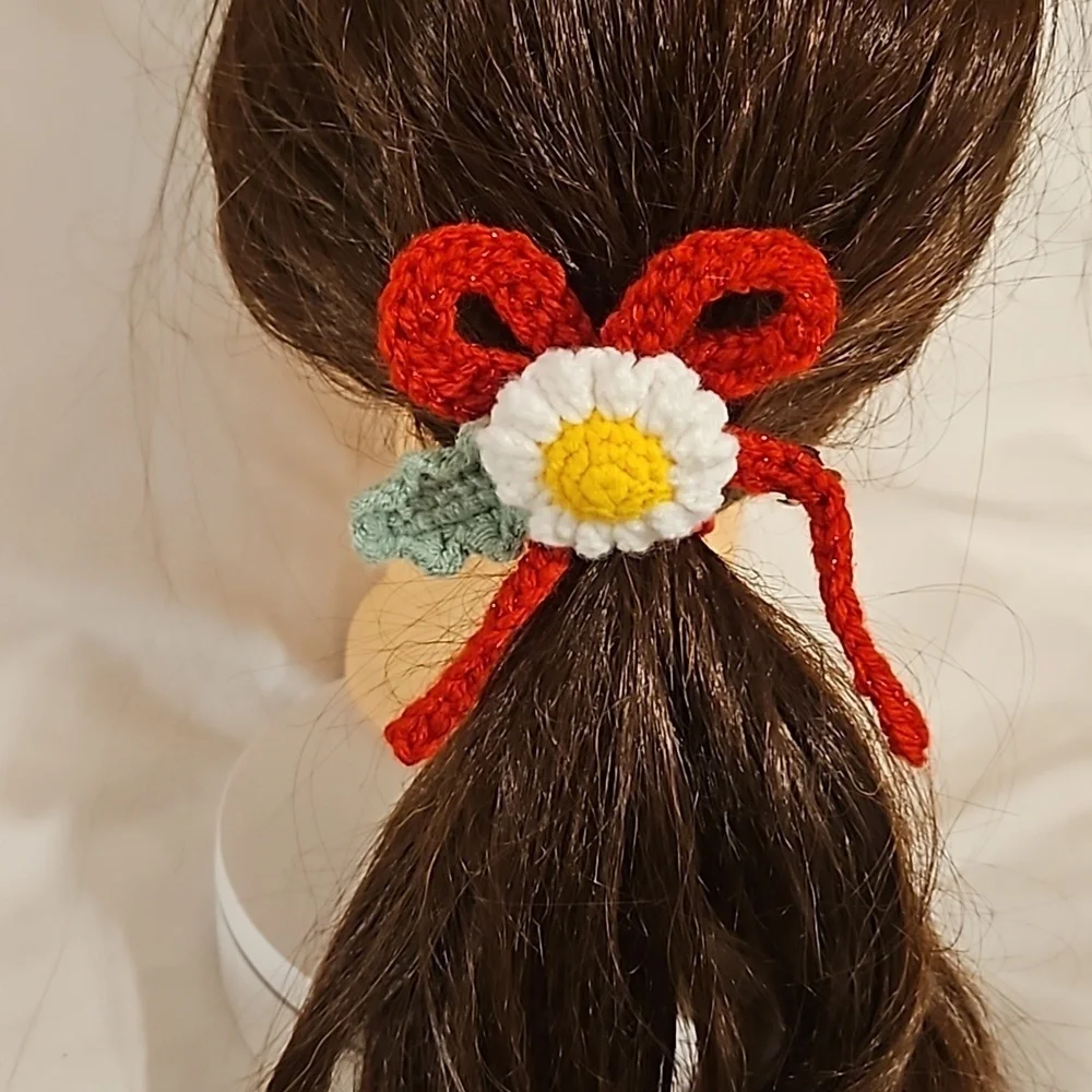 Hand Crafted Hand Knit Crochet Red Bow Barrete Hair Clip white and yellow flower